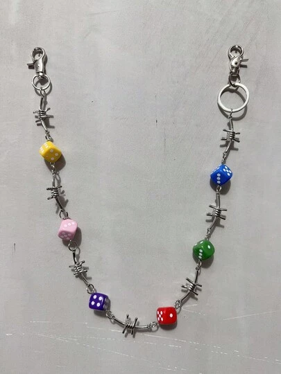 1个骰子透明混色男士朋克风铆钉腰链，嘻哈简约腰链，适合装饰钥匙链、钱包、包扣，颜色随机发货