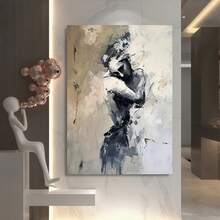 Enmarcado 1 Pieza de Pintura al Óleo de Pareja Abrazada Hecha a Mano - Obra de Arte Romántico Pintado con Espátula, Tono Gris Profundo, Decoración Minimalista para Pared, Ideal para Hogar, Boda, Aniversario - Elegante Abrazo de Pareja - Enmarcado - Ver 4