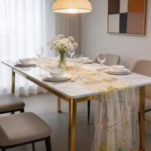 1pc, Champagne-Colored Embroidered Floral Mesh Streamers, Featuring Delicate Butterfly And Floral Embroidery On Soft Champagne Mesh. Ideal As A Tabletop Decoration For Spring Outdoor Garden Events, Romantic Wedding Table Runners, Dessert Shop Table - Champagne - View 8
