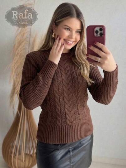 Blusa De Frio Feminina Tricot Manga Longa Trançada Suéter Gola Redonda Canelado Tricô Outono/Inverno