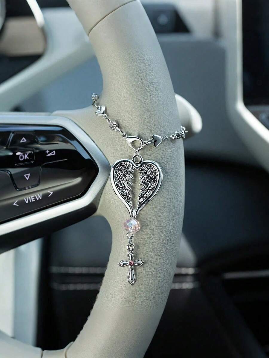 Crystal Heart With Wings Car Rearview Mirror Ornament – Guardian Angel Auto Pendant For Good Luck & Protection – Elegant Hanging Charm For Dashboard, Steering Wheel Or Handbag