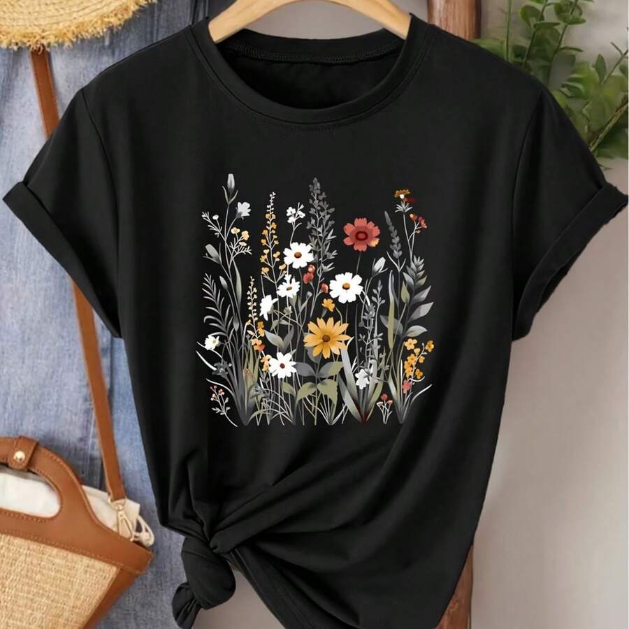 Women's Elegant Short-Sleeved Fresh Wild Flower Floral Printed Round Neck T-Shirt Suitable For Spring, Summer And Autumn Fashion Commuter Vacation Daily All-Match Casual Elegant Retro Style Top Optional For S-XXL Cinco De Mayo, Daily Wear, For Women, Moisture-Wicking, Quick-Dry Performance - màu đen - Xem 1