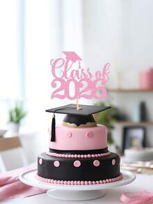 1pc Black/Gold/Blue/Pink/Red Class Of 2026 Cake Topper - Glitter Graduation Cap Decor - Congrats 2026 Graduates, 2026 Graduation Party Cake Decorations - View 6