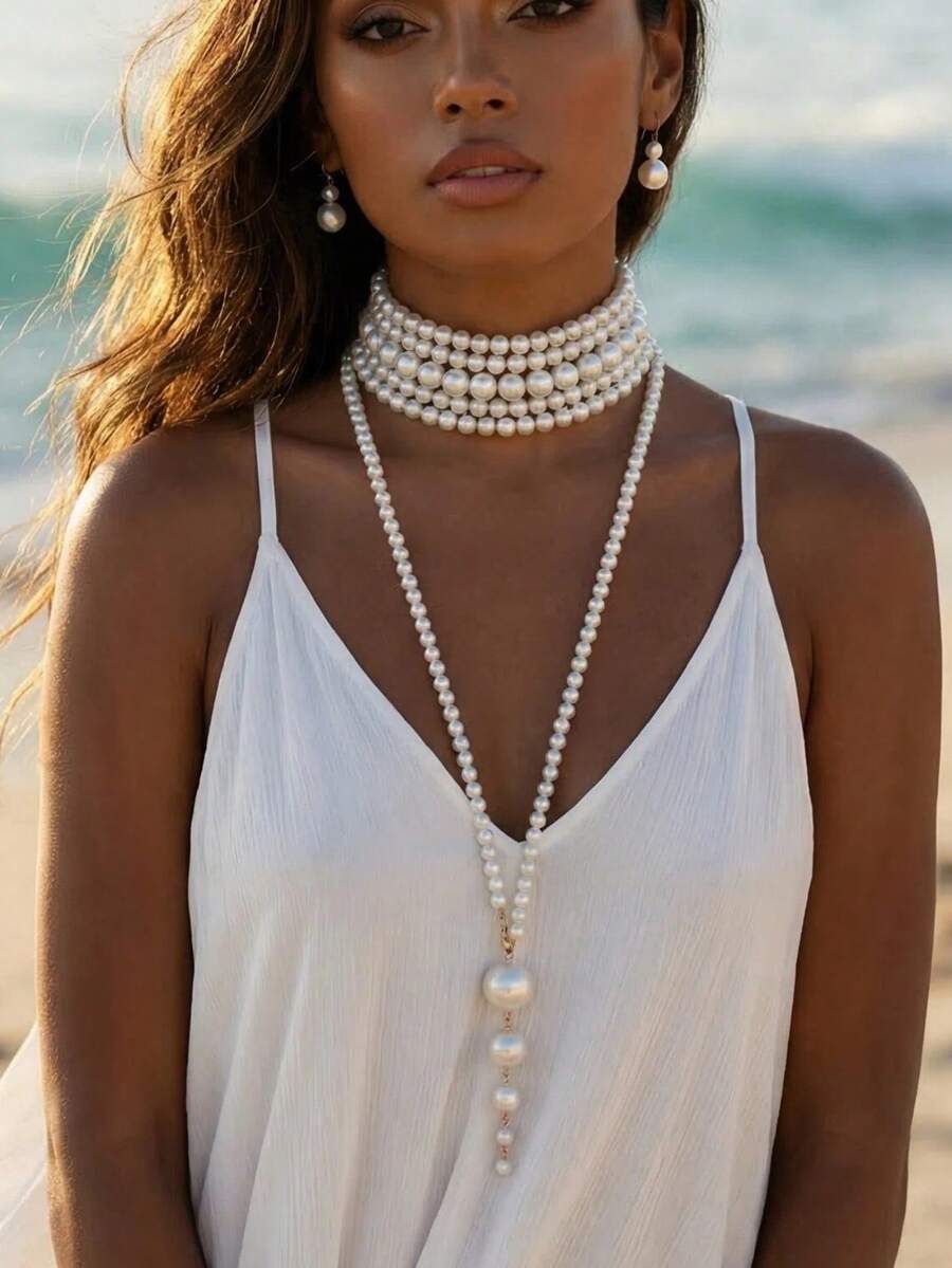 1 Set Necklace With 2 Layered Necklaces, Faux Pearl Necklace Jewelry Set, Elegant Beaded Jewelry Set For Women, Suitable For Party, Wedding, Vacation, Mother's Day Gift - A Set Of Pearl Necklaces - View 1