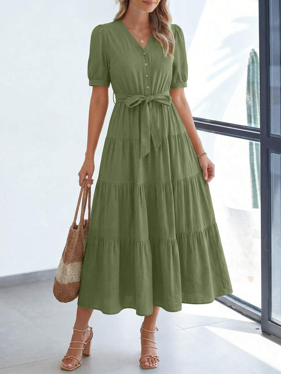 Women's Summer Dresses For Elegant Classy Short Sleeve V Neck Ruffle A Line Belted Long Flowy Beach Vacation Dress Easter Dresses For Women - màu xanh da trời - Xem 1