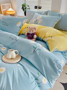 Bộ chăn ga gối 3 món/bộ sợi lô hội mềm mại, họa tiết hoa màu xanh (1 vỏ chăn + 2 vỏ gối), phong cách đồng quê thoáng khí, có nhiều kích cỡ, không bao gồm ruột chăn - Xanh và trắng - Xem 3