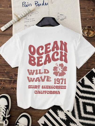 Áo thun nữ kiểu dáng thường ngày, in chữ và hoa, phong cách nghỉ dưỡng ven biển, đa năng, phù hợp cho các hoạt động ngoài trời và mặc hàng ngày, áo mùa hè cho nữ, áo đi chơi cho nữ, áo thun cổ tròn tay ngắn in họa tiết.