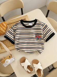 Atasan Lengan Pendek Bergaris untuk Bayi/Balita, Kaos Kasual Ringan dari Katun untuk Musim Semi/Panas - Coklat - View 7