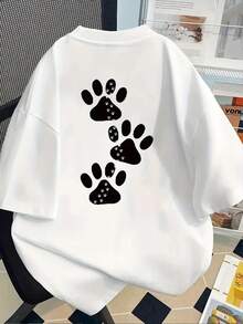 Comfortable Print. Front And Back Printed Short-Sleeve T-Shirt - Pet Paw Prints, Animal Footprints - Women's Spring/Summer  Printed T-Shirt, Your Best Choice! Simple And Casual Summer Top - White - View 4