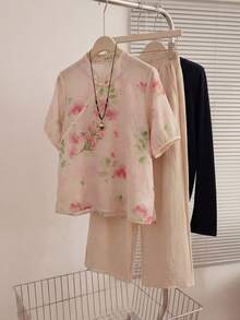 Gift For Mom, Floral Embroidered Blouse, Elegant Loose Short Sleeve Shirt Suitable For Spring Outings, Vacations And Family Gatherings Summer - Apricot Pink - View 5