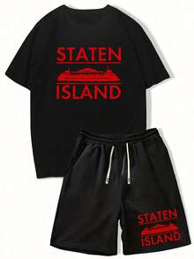 2-Piece Sets For Women [Hasna Selection]2026 New Summer Men's Sports Casual Set, Round Neck Short-Sleeve T-Shirt + Elastic Waist Shorts Two-Piece Set, Knitted Fabric, With Staten Island Pattern Print, A  Printed Summer Two-Piece Set Suitable For Outdoor Activities And Fitness, Summer Hiking And Running Sports Short-Sleeve Shorts Two-Piece Set, Breathable And Durable Casual Men's Top Vacation Outfits Women - Đen đêm - Xem 2