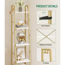 Gold 5-Tier Ladder Shelf, Freestanding Corner Storage Shelve With 2 Hooks, Industrial Home Decor For Home Office Bedroom - Xem 4