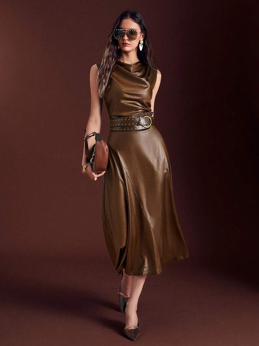 Simplee Women's Spring/Summer New Draped Neck Fashionable Sleeveless Lightweight Soft Leather Dress, No Belt, Suitable For Work And Commuting Elegant - Brown - View 1