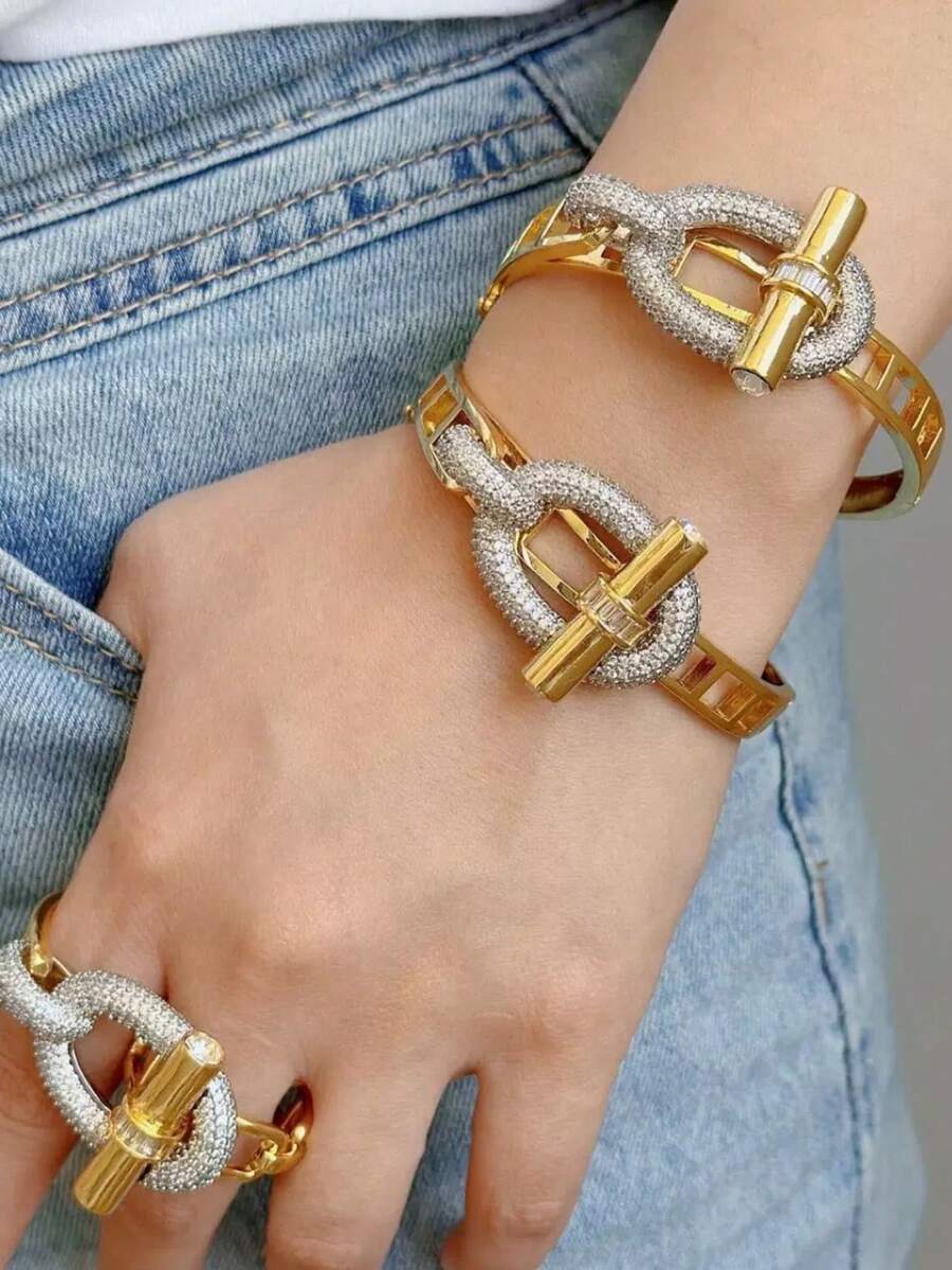 LIGHTSOME Vòng tay thời trang mới, khóa cài OT sang trọng, vòng tay đồng đính đá Zirconia cho nữ.