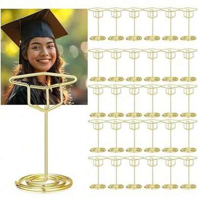 10pcs/5pcs/1pc Graduation Cap Table Number Plate Holder, Graduation Cap Display Clip, Multifunctional Gold Graduation Cap Business Card Holder And Memo Clip, Suitable For Graduation Party, Wedding, Birthday Party - Multifunctional Photo/Image/Business Card Desktop Display Stand With Stable Base, Elegant Cap-Shaped Central Decor For Desktop, Table Number Stands, Price Tag Holders, Photo Frames, Quality Crafted, Durable, Suitable For Weddings, Holidays, National Day, Valentine's Day, Graduations,