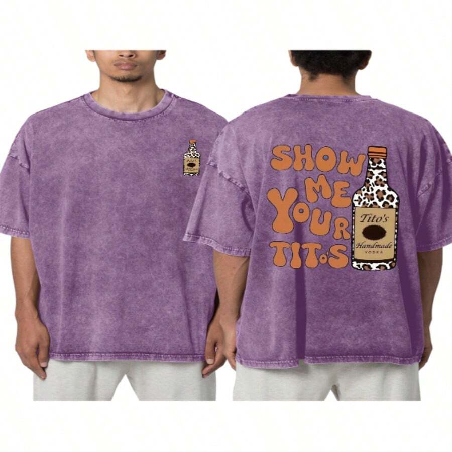 Vintage Vintage Style, Tito's Vodka Enthusiast, Leopard Print Elements, SHOW ME YOU TITOS Humorous Text Memes, Washed Double-Sided Printed Vintage T-Shirt..…. Retro Loose T-Shirt, Men's Casual Style T-Shirt, Machine Washable And Washable Old T-Shirt; Cool Design Pattern T-Shirt, Durable And Comfortable Fabric, Street Fashion Sense, A Must-Have For Street Style Enthusiasts, Top-Level Sportswear, Suitable For Daily Commuting, Dating, Leisure Matching, Suitable For Holiday Gift Giving, The First Choice For Gift Giving. HHMR - Màu tím - Xem 1