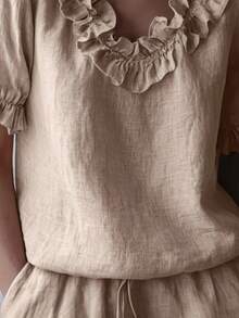 1pc Solid Color Woven Fabric Ruffle/Frill Trim Blouse, Suitable For Night Date, Vacation, Singles Party, Airport Outfit, Summer - Khaki - View 5