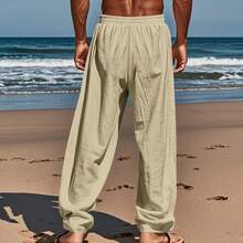 Men's Lightweight Breathable Woven Casual Pants Elastic Waist Drawstring Beach Trousers - 卡其色 - 查看 7