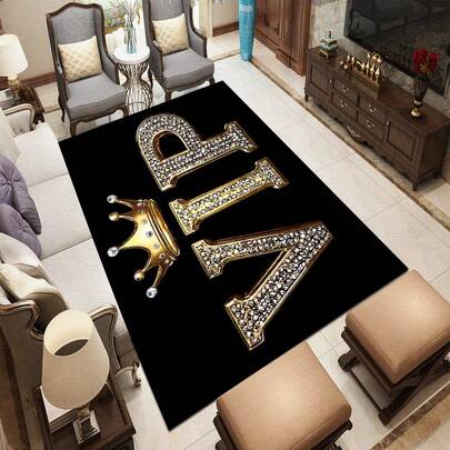 1件装奢华3D VIP设计门垫 - 防滑可水洗涤纶材质，金色皇冠菱形图案，1.02厘米厚吸水入口垫，适用于门厅、浴室、客厅 - 优雅家居装饰，菱形镶嵌地毯，防滑底背，耐用材质，室内设计师专属