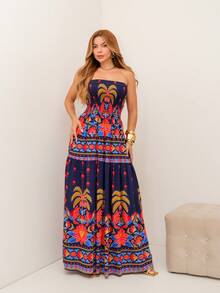RAINBOW Strapless Long Dress Plain Printed Viscose Cheap Size 36-42 With Elastic Casual Elegant Women's For Versatile And Comfortable Looks - 65-海軍藍 - 查看 1