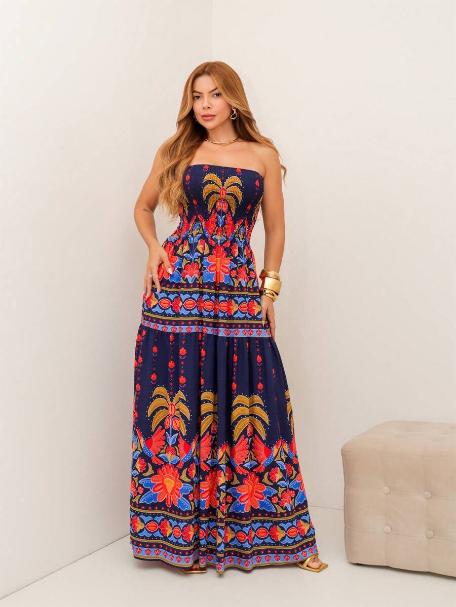 RAINBOW Strapless Long Dress Plain Printed Viscose Cheap Size 36-42 With Elastic Casual Elegant Women's For Versatile And Comfortable Looks - 65-海軍藍 - 查看 1