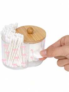 Mini Pink Bow Pattern 2-In-1 Bamboo Lid Transparent Plastic Storage Box, Desktop Makeup Organizer Box With Double Round Holes, Transparent Cosmetic Storage Box With Dual Compartments - Modern Vanity Table Storage Box With Lid, Bathroom Vanity Organizer, Suitable For Makeup Brushes, Lipsticks - Multicolor - View 6