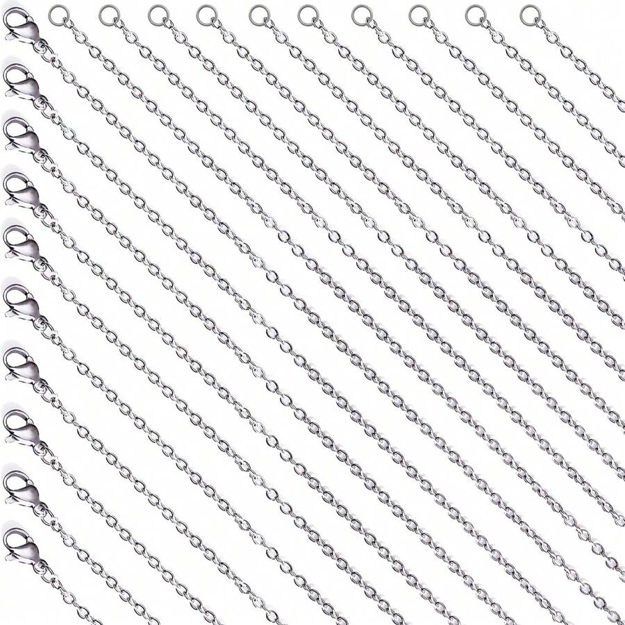 10pcs, 45cm Stainless Steel Chain/Loose Chain Set, Flat O-Shape Interlocking Links, Silver Plated Necklace Chain, Suitable For DIY Jewelry Making, Unisex - Silver - View 1
