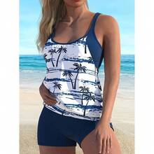 Local Delivery-New Women's Popular Tankini Two-Piece Set With European And American Hollow Out Tropical Coconut Tree Print Beach Vacation Swimsuit For Women - 湖藍色 - 查看 3