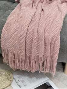 Manta de punto acogedora con detalle de volantes para todas las estaciones, multiusos & cómoda para acampar, sofá, tomar el sol y siestas, manta de punto con ribete de volantes, manta de camping - Franja de burbujas rosa - Ver 2