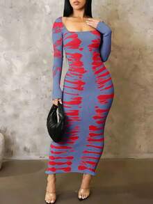 Spring And Summer Elegant Long-Sleeved Ankle-Length Tie-Dye Contrasting-Color Print Tight-Fitting Dress, Sexy Tight-Fitting Figure-Hugging Long Dress For Women - 霧霾藍 - 查看 3