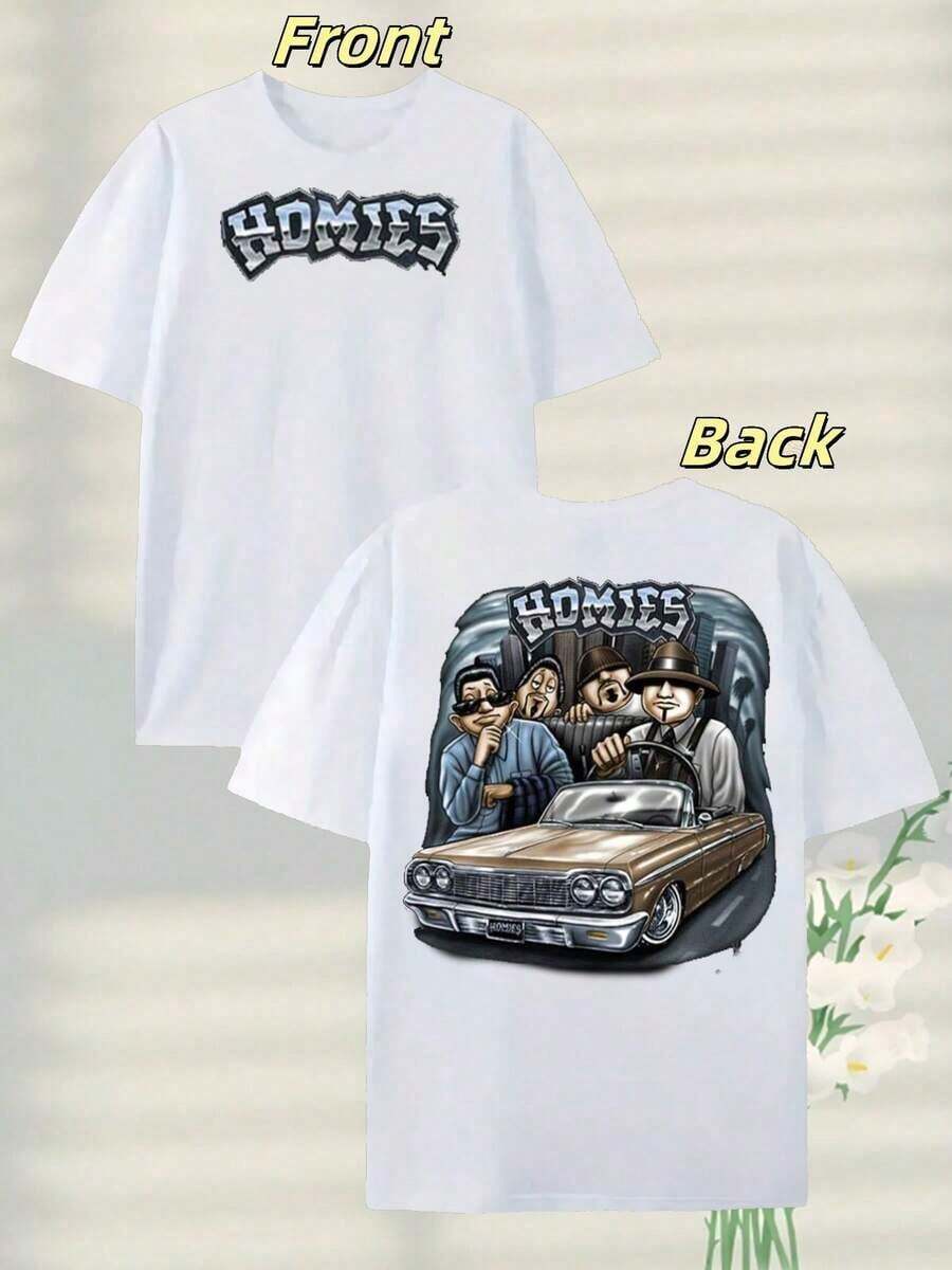 100 Percent Cotton 220G Heavyweight Pure Cotton Street - Homie - Car Tee - 'HOMIES' PrintEssential Unisex Jersey Tee - Timeless Slim Fit Streetwear StyleOversized Unisex Pocket Tee - Relaxed Fit Urban Streetwear Essential Unisex T-Shirts For Summer Outings Graphic Tees - 白色 - 查看 1