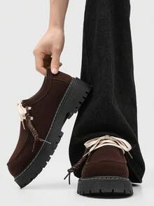 Men's Thick Sole Derby Shoes, Retro British Style Casual Shoes, Versatile Plus Size, European And American Ins Style, Men's Low-Top Derby Dress Shoes, Low-Top Boots, Men's Vintage Work Shoes Thick Soles, Business Casual, College Style Men's Slip-On Loafers, Faux Suede Material Black Shoes, Size 39-46 - Brown - View 1
