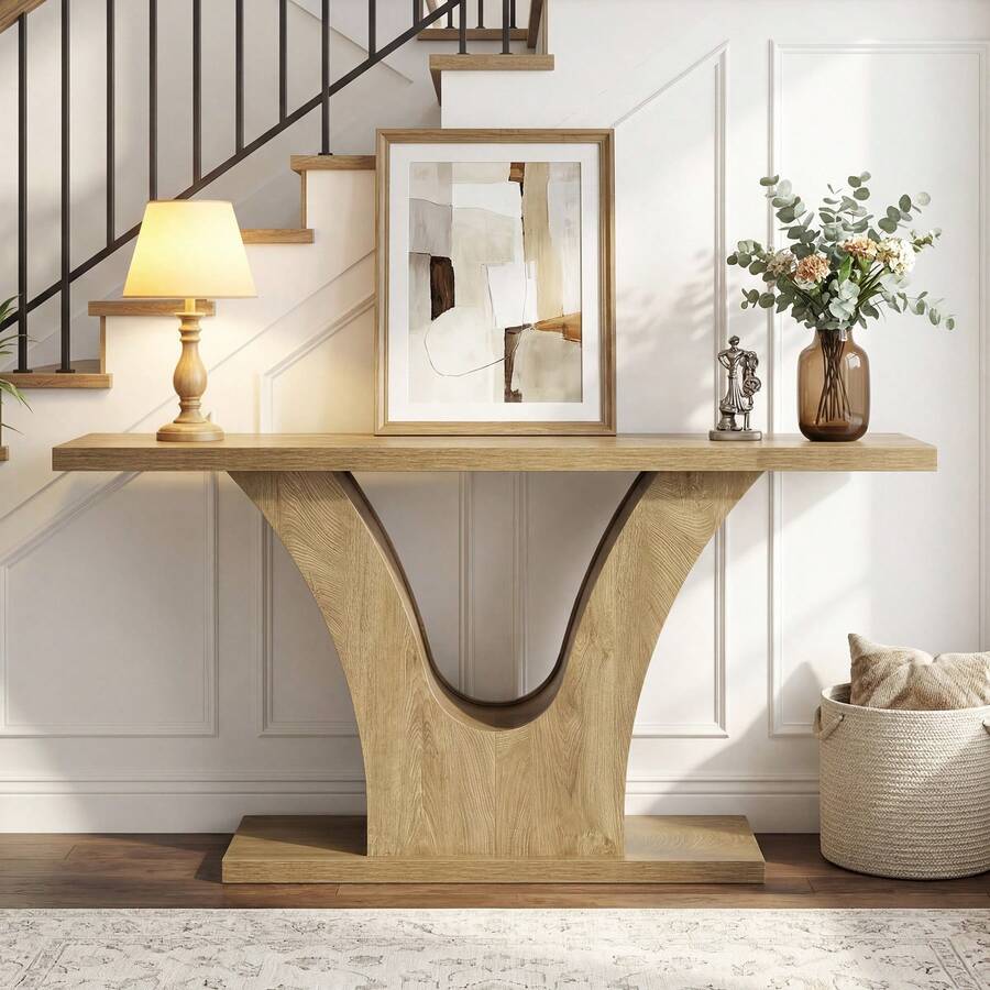 LITTLE TREE 63 Inch Entryway Console Table – 2-Tier Farmhouse Narrow Sofa Table Behind Couch With Curved U-Shaped Base, For Hallway, Entrance, Living Room - 棕色 - 查看 1