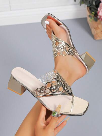 Sandale cu toc gros și strasuri, sandale sexy cu vârful deschis pentru femei, sandale elegante cu toc pătrat, scobite în gol, potrivite pentru Ziua Asistentei Medicale, Ziua Mamei, Ramadan, Ziua Muncii, Ziua Femeii