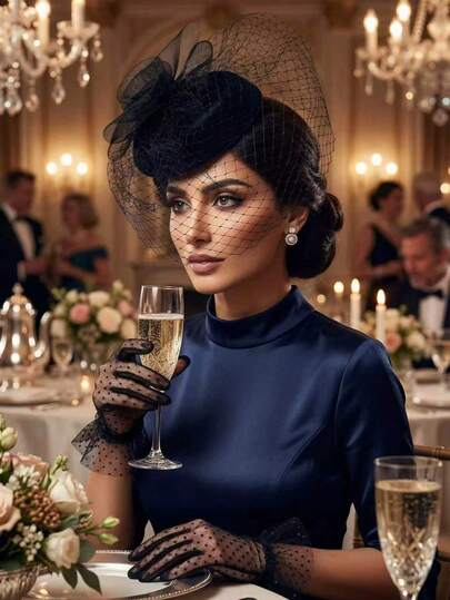 一套女士迷人帽子，配黑色面纱，可用于葬礼/茶会等场合，包含装饰帽和蕾丝手套，风格为 20 世纪 50 年代风格。