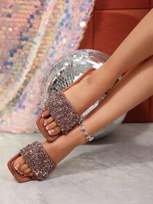 2024 Spring/Autumn Luxury Women's Flat Sandals, Low Heel Non-Slip Plus Size Rhinestone Slippers, Versatile Strap Slides - Rust Brown - View 3