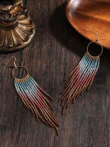 SOUL BEADING Pendientes de borla con cuentas hechos a mano, pendientes de aro con patrón geométrico degradado de estilo bohemio vintage, pendientes elegantes de uso diario versátil, adecuados para vacaciones, fiestas, regalos festivos para mujeres - Multicolor - Ver 3