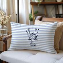 1pc Blue & White Striped Lobster Sketch Pattern Cushion Cover, Soft Peach Velvet Material, 30*50/40*60CM Single-Sided Printed Decorative Pillow Case, Suitable For Home Bedroom Living Room Sofa, Holiday Decor, Pillow Cover Gift (No Pillow Insert) - Multicolor - View 7