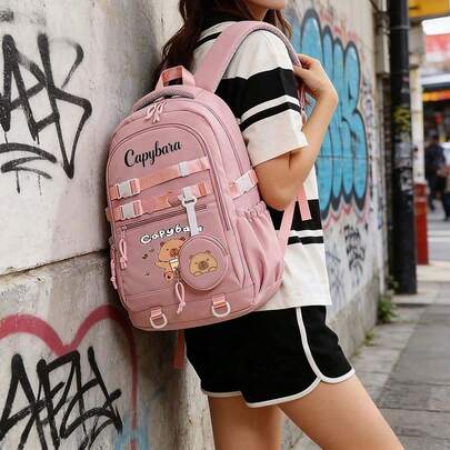 Ba lô Capybara | Túi đi học bằng polyester nhẹ với dây đeo có thể điều chỉnh | Dung tích lớn | Khóa kéo và túi phía trước | Thiết kế hoạt hình ngộ nghĩnh | Lý tưởng cho học sinh, ba lô đi học, đồ dùng học tập thiết yếu cho năm học mới