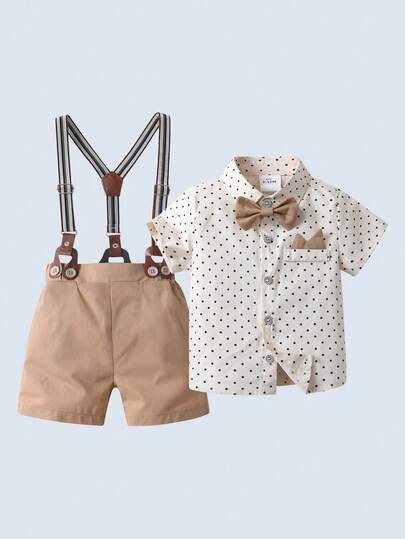 BOARNSEORL Bộ vest nam 2 món, áo sơ mi cổ ngắn tay có nơ và quần short kaki có quai đeo, thời trang và lịch lãm, thích hợp cho tiệc sinh nhật, đám cưới, trang phục Pageboy