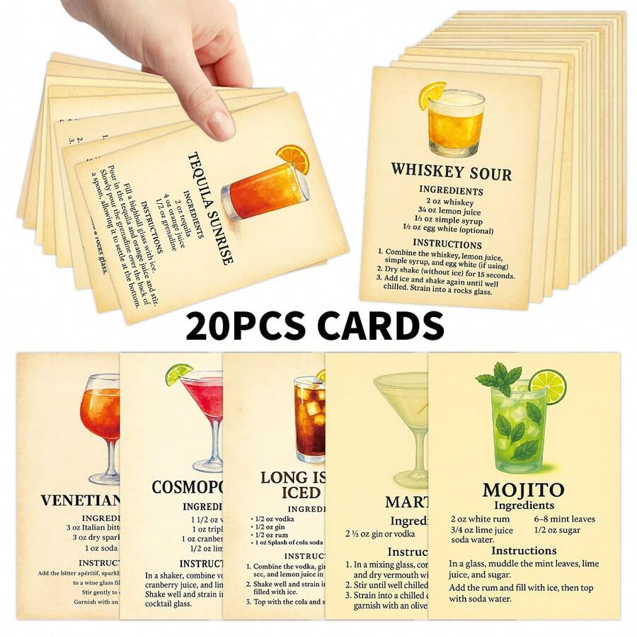20pcs Classic Cocktail Recipe Cards - Essential Home Bartender's Cocktail Mixing Guide, Illustrated Cocktail Recipe Cards With Ingredients And Steps, Cocktail Making Guide Cards - Sets - View 1