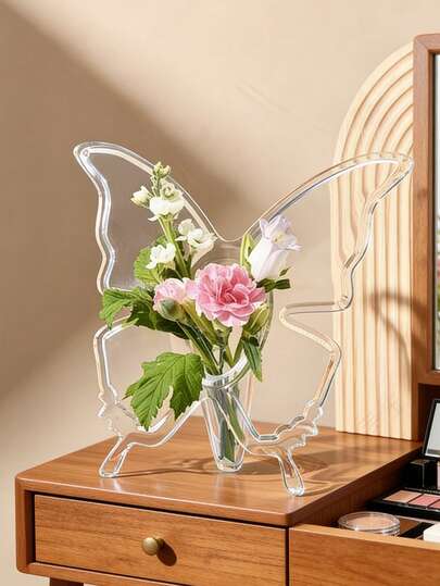 1pc Transparent Butterfly Vase, Photo Frame Vase, Transparent Acrylic Butterfly Shaped Photo Frame Vase, Modern Single Rose Vase, Home Decor, Unique Decorative Vase, Modern Art Flower Stand, Desk Or Desktop Decoration, Modern Luxury Minimalist Decor, Suitable For Office Desks And Living Room Display, Hydroponic Plant Container For Hallways, Interior Decor Updates, Seasonal Home Decor