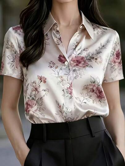 Women's Elegant Short Sleeve Floral Print Collared Blouse, Regular Length Top Vacation Summer