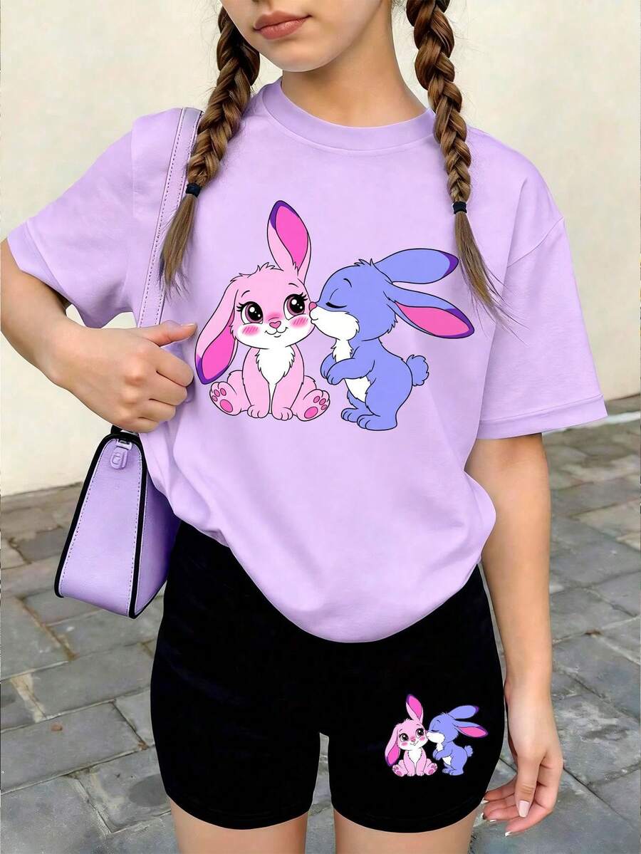 2pcs/Set Girls Casual Outfit, Loose Fit Cartoon Rabbit Print T-Shirt And Matching Shorts, Breathable Comfortable Tee And Shorts Set For Spring/Summer - Mauve Purple - View 1