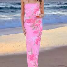 ALA Women's New Summer Bohemian Style Elegant Floral Print Tube Bandeau Slim Fit Dress, Sexy Y2K Bohemian Vacation Summer Outfit, Suitable For Summer Outings, Dates, Beach Vacations, Parties, Independence Day - Multicolor - View 5