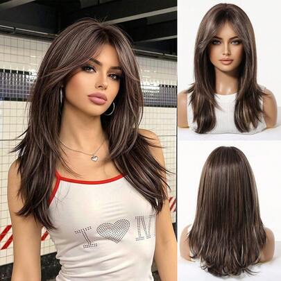 18 Inch Brown Multi-Color Synthetic Wig, Suitable For Cosplay, Long Straight Hair With Bangs, Layered, Heat Resistant