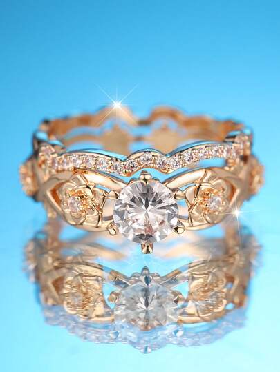 Bộ 2 chiếc nhẫn, thiết kế hoa hồng và đá Zirconia tổng hợp màu trắng cắt tròn thanh lịch, mạ vàng 14K, thích hợp cho ngày Valentine, tiệc tùng, đeo hàng ngày và mọi mùa.