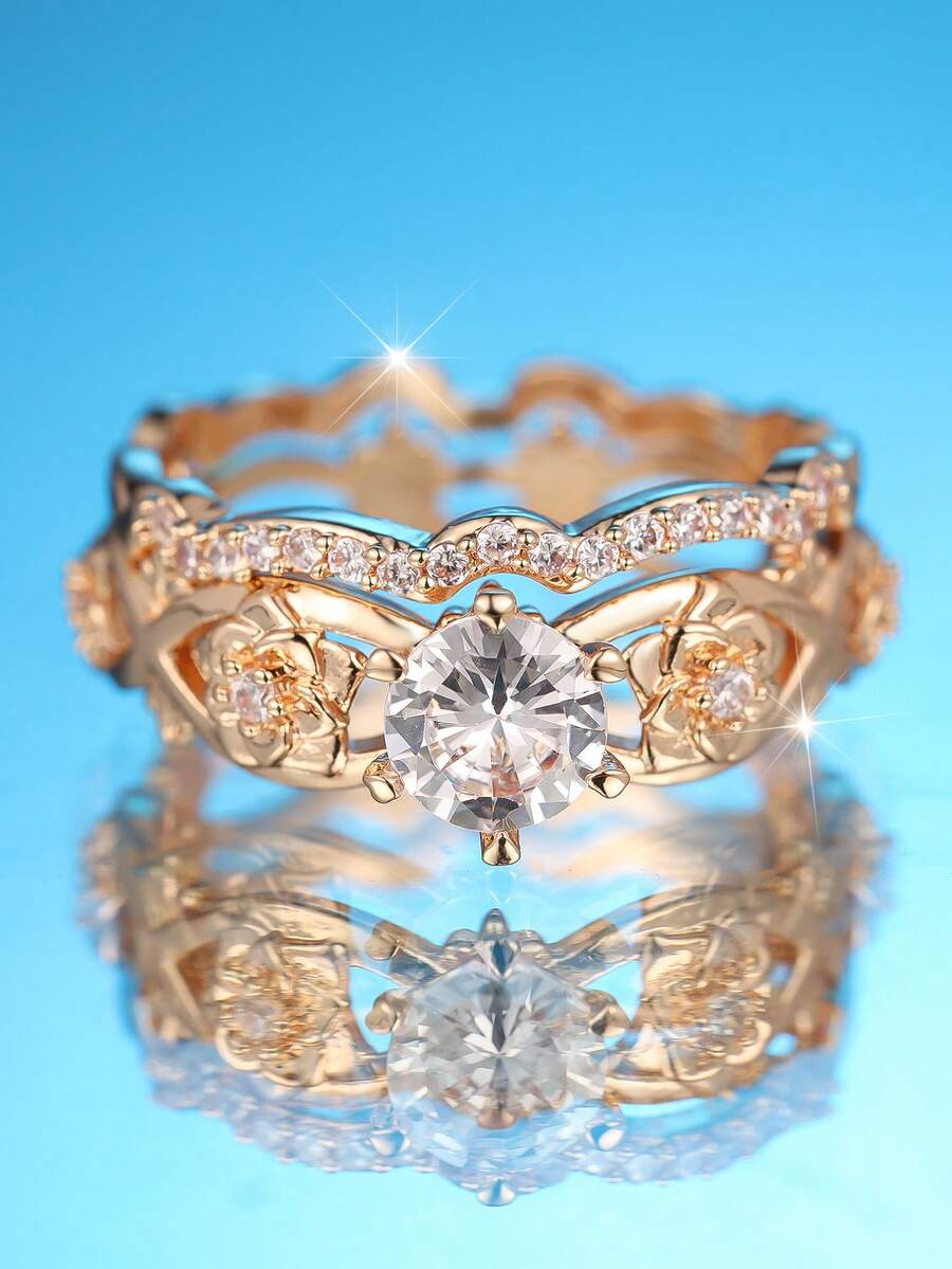 两件套，优雅圆形切割白色合成锆石和玫瑰花设计14K镀金戒指，适合情人节、派对、日常佩戴，四季皆宜。 - 白色 - 查看 1