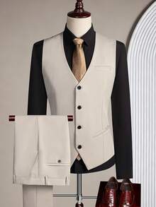 Bộ vest nam dáng ôm 2 mảnh gồm áo gile và quần tây, thích hợp cho công sở, đám cưới, dạ hội. - Màu be - Xem 2