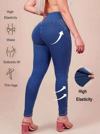 Quần jeans skinny cạp cao màu xanh nhạt, kiểu quần bút chì tôn dáng, thích hợp cho kỳ nghỉ và những chuyến đi chơi mùa xuân/hè, quần jeans denim nữ phong cách thường ngày khi đi nghỉ mát.